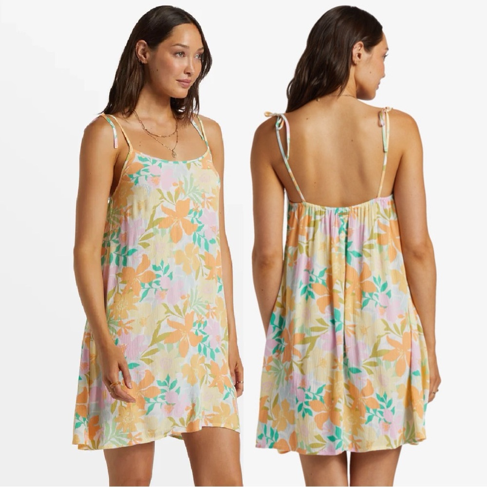 Billabong Floral Fit Sleeveless Mini Dress Beach Tropical Spaghetti Strap Size L